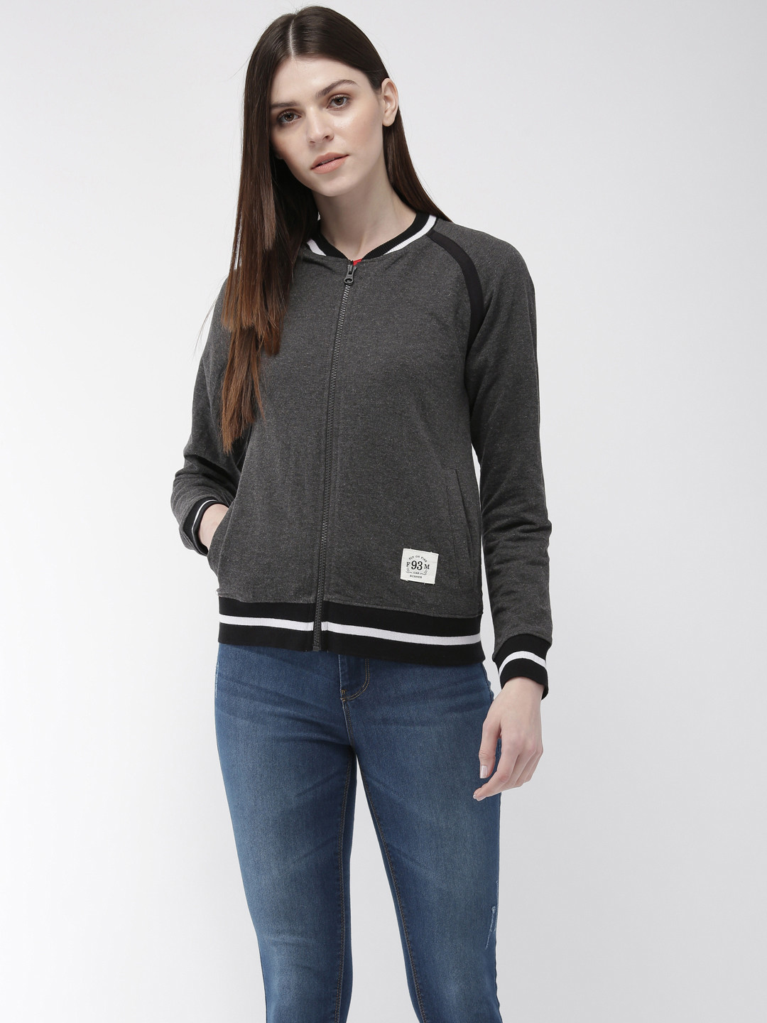 Flying Machine Women Charcoal Grey Solid Sweatshirt