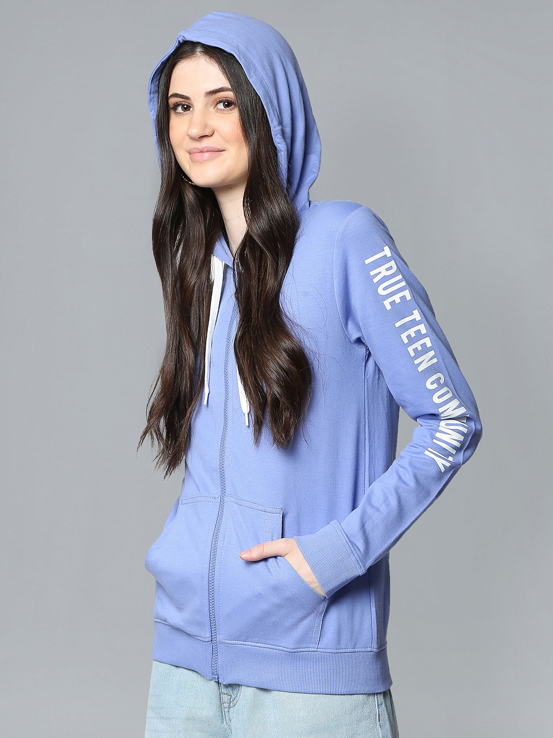 Flying Machine Women Violet Solid Hooded Sweatshirt