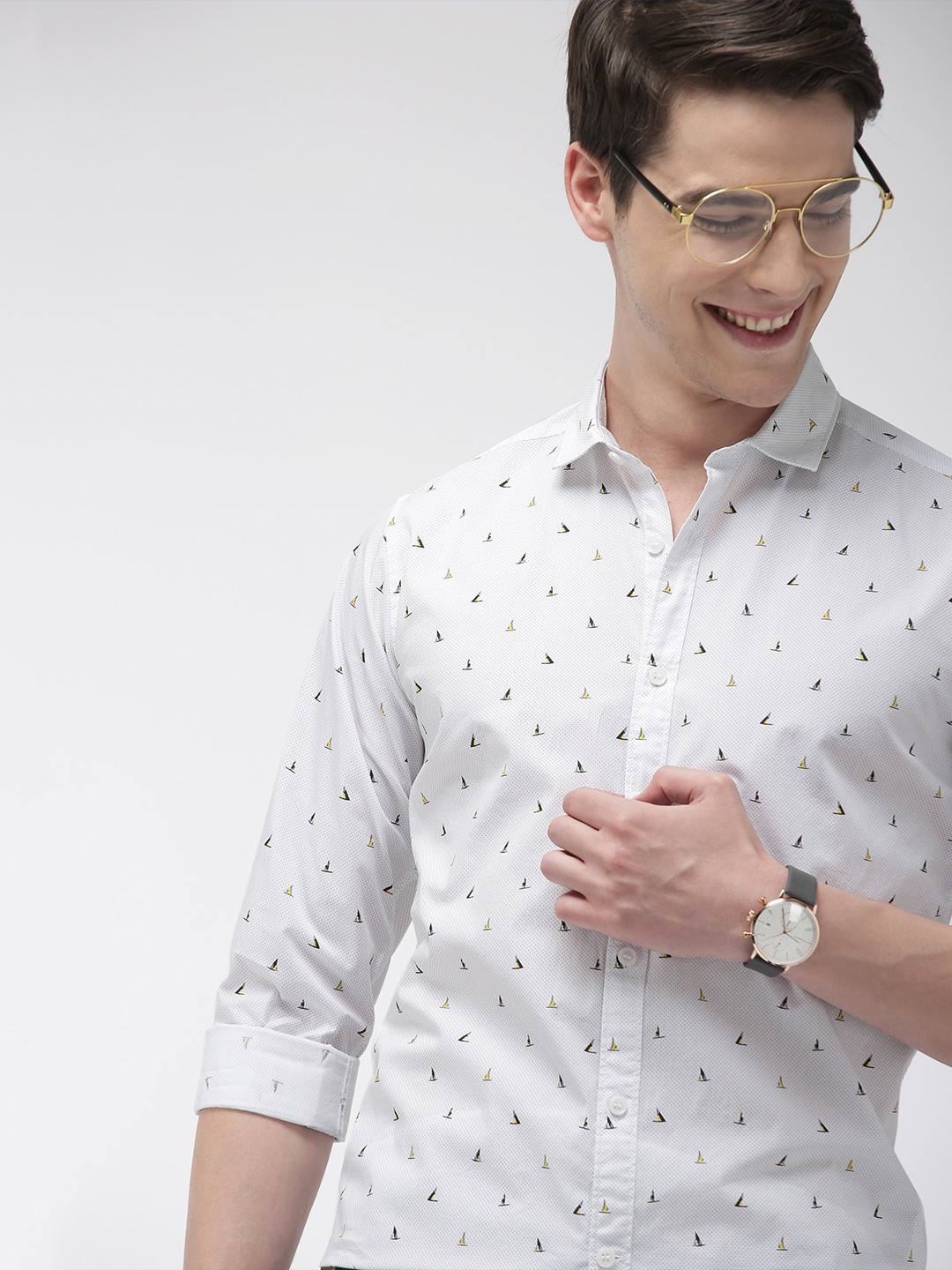 Mast & Harbour Men White & Black Regular Fit Printed Casual Shirt