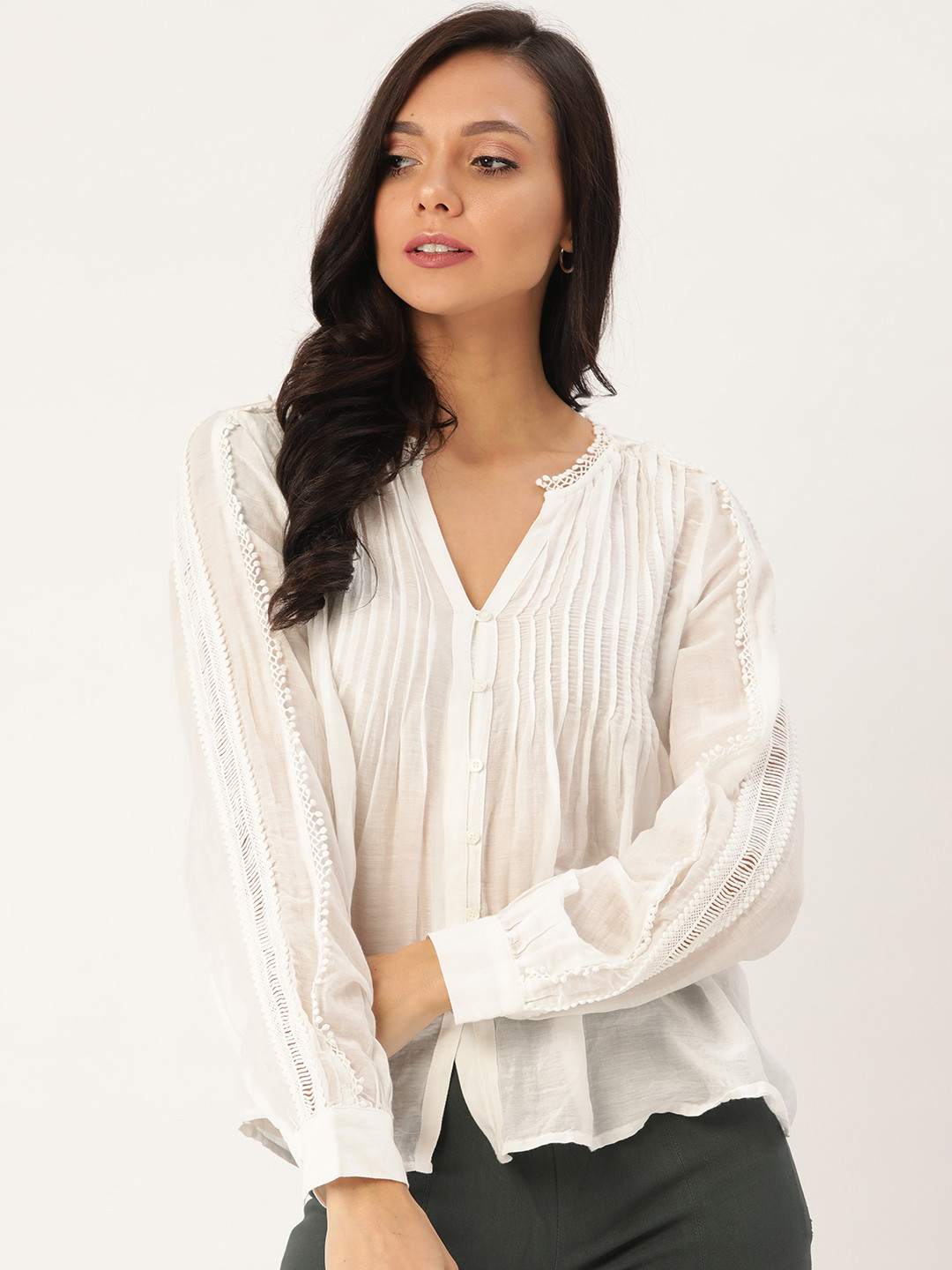 MANGO Women White Solid Semi Sheer Shirt Style Top
