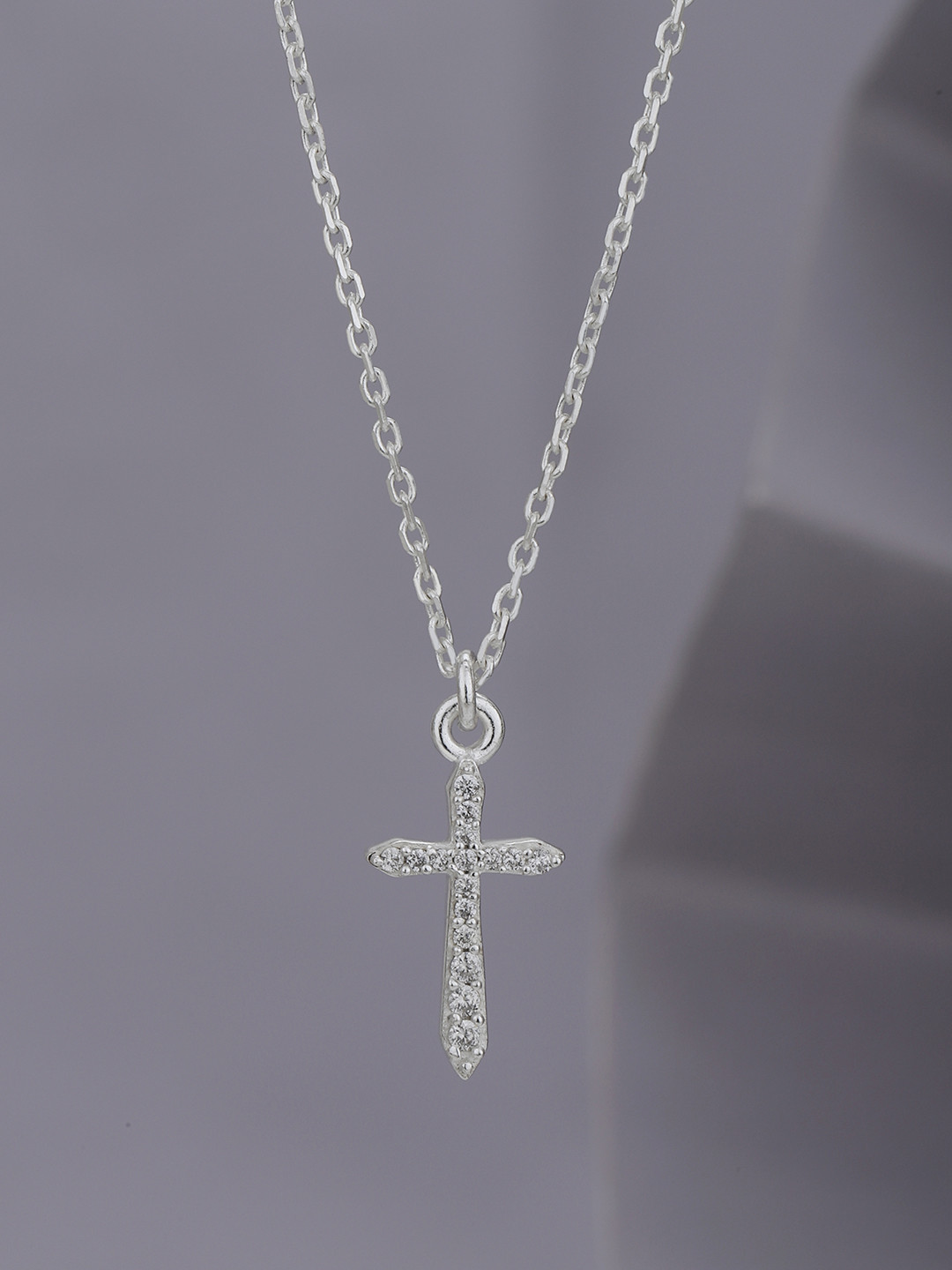 Carlton London Rhodium Plated Cubic Zirconia Studded Greek Cross Pendant with Chain