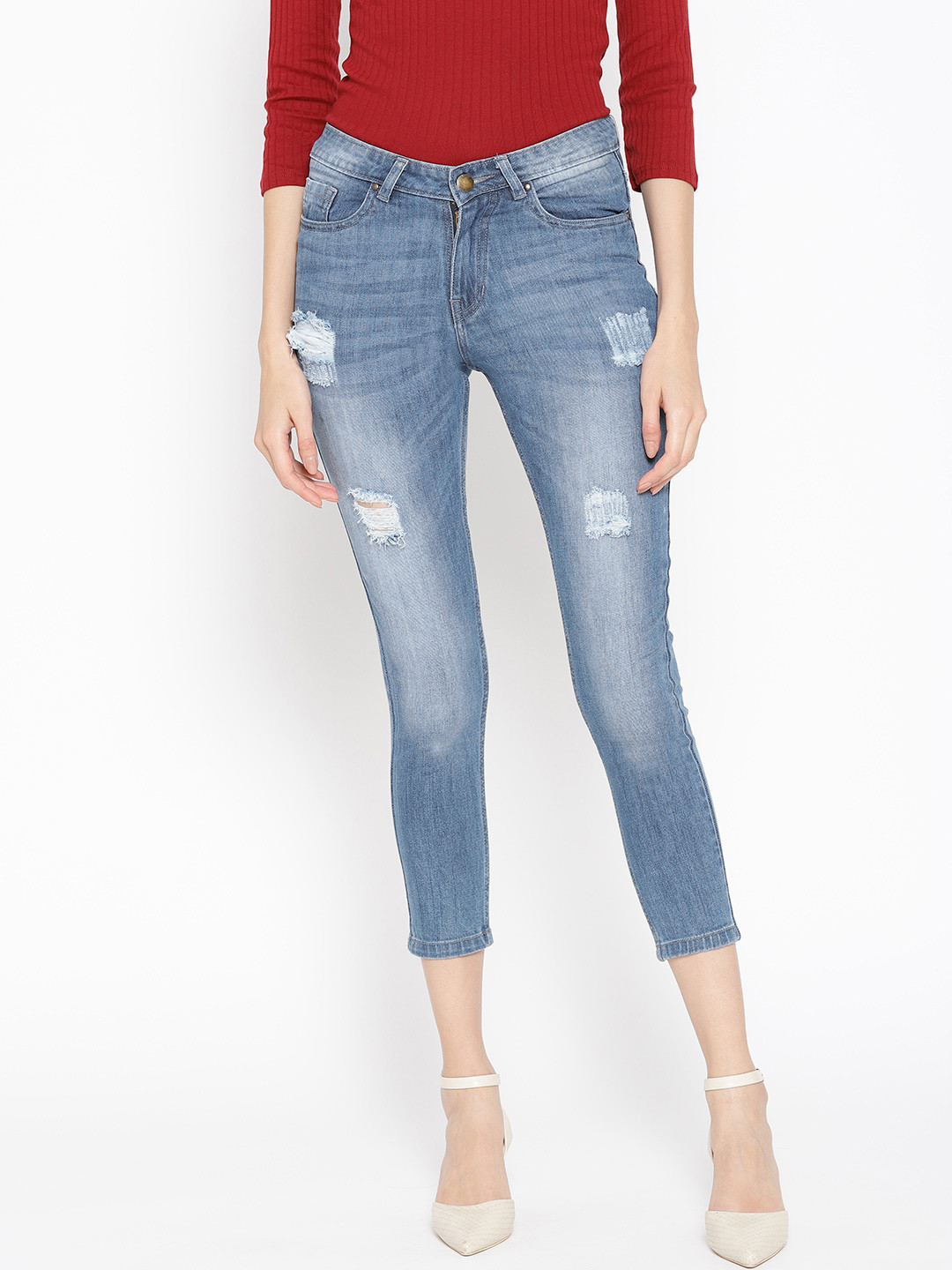 Deewa Women Blue Slim Fit Mid-Rise Mildly Distressed Stretchable Cropped Jeans