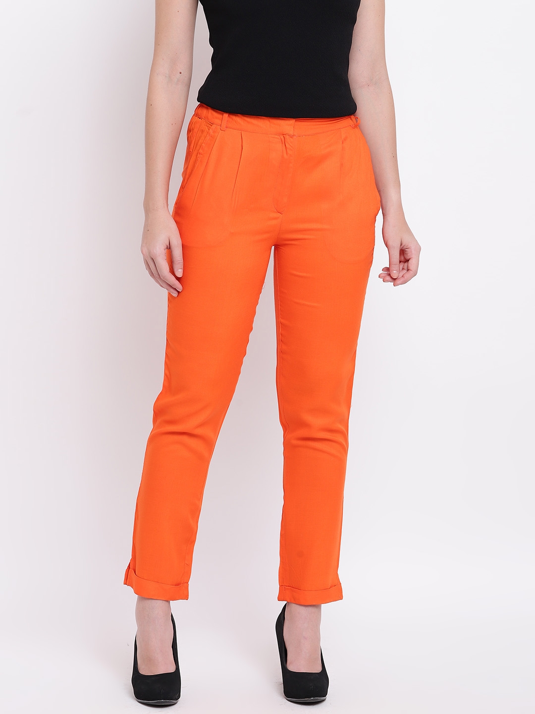 Deewa Women Orange Regular Fit Solid Regular Trousers