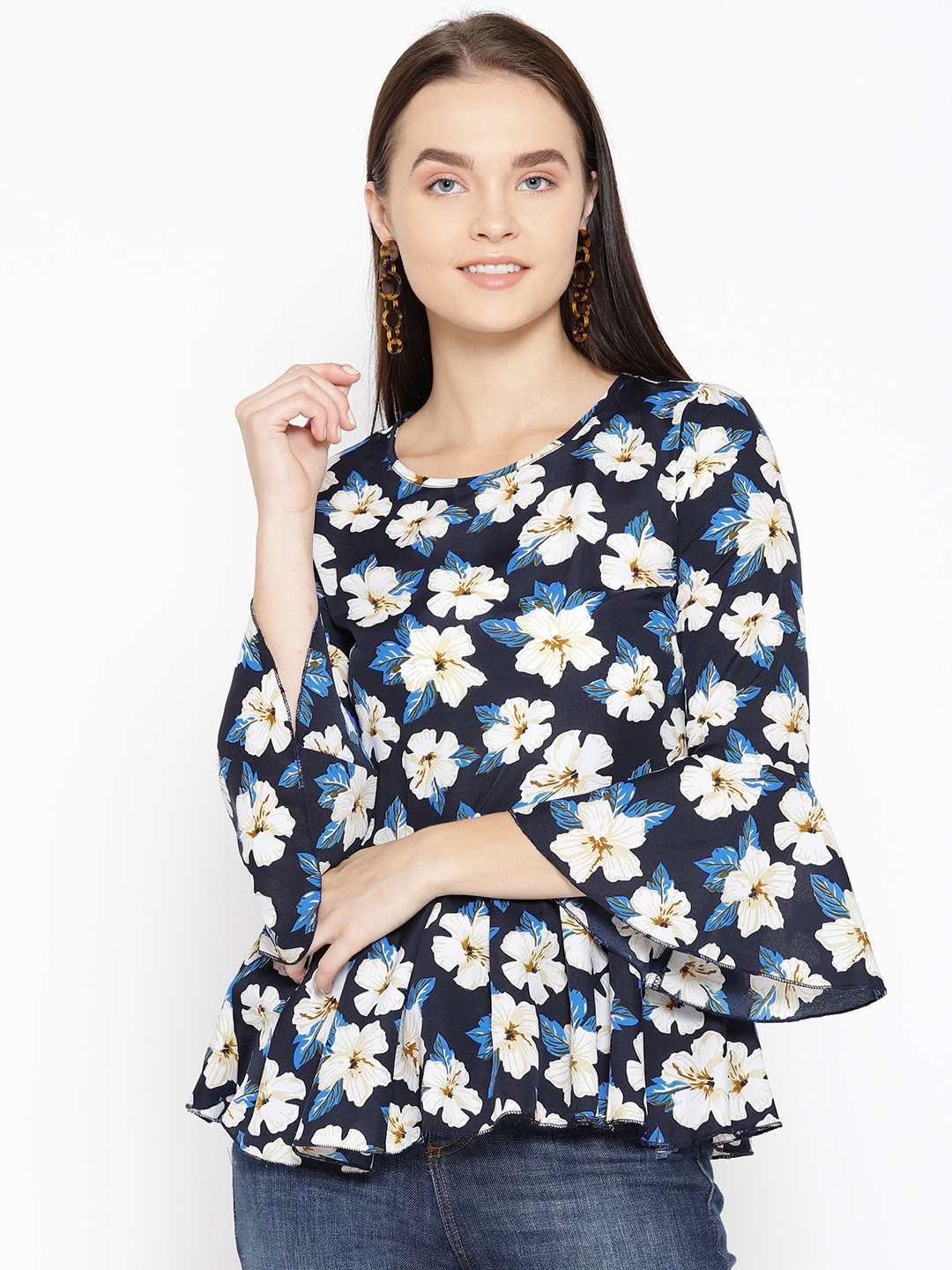Deewa Women Navy Blue & Off-White Floral Printed Peplum Top