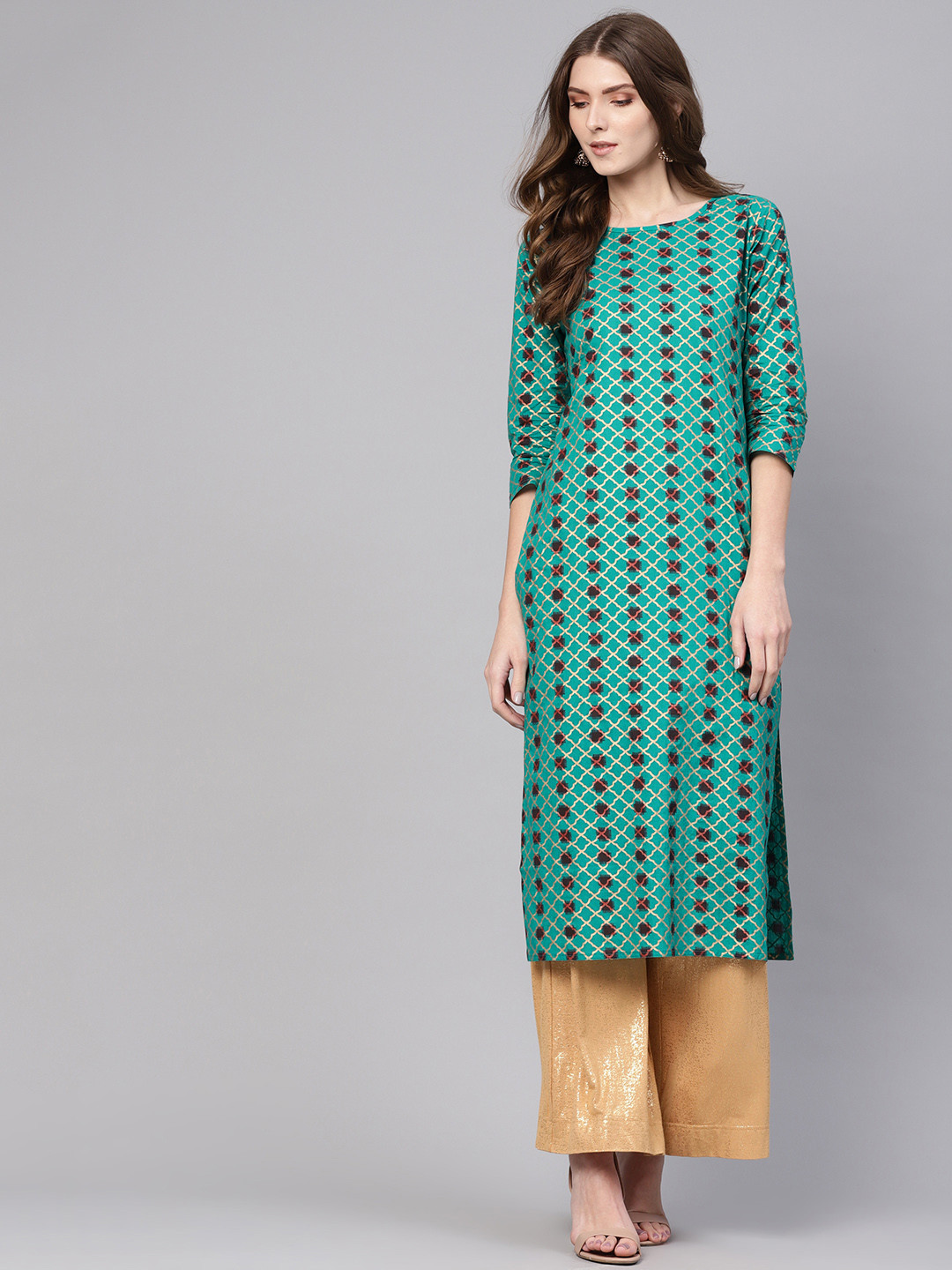 Nayo Women Green & Brown Printed Straight Kurta
