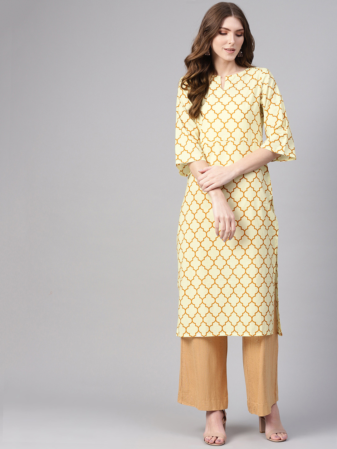 Nayo Women Cream-Coloured & Mustard Brown Printed Straight Kurta