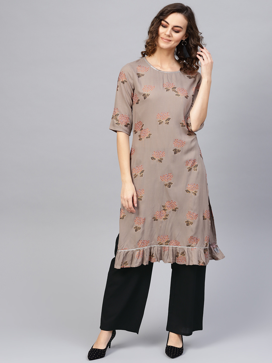 Nayo Women Taupe & Black Printed Kurta with Palazzos
