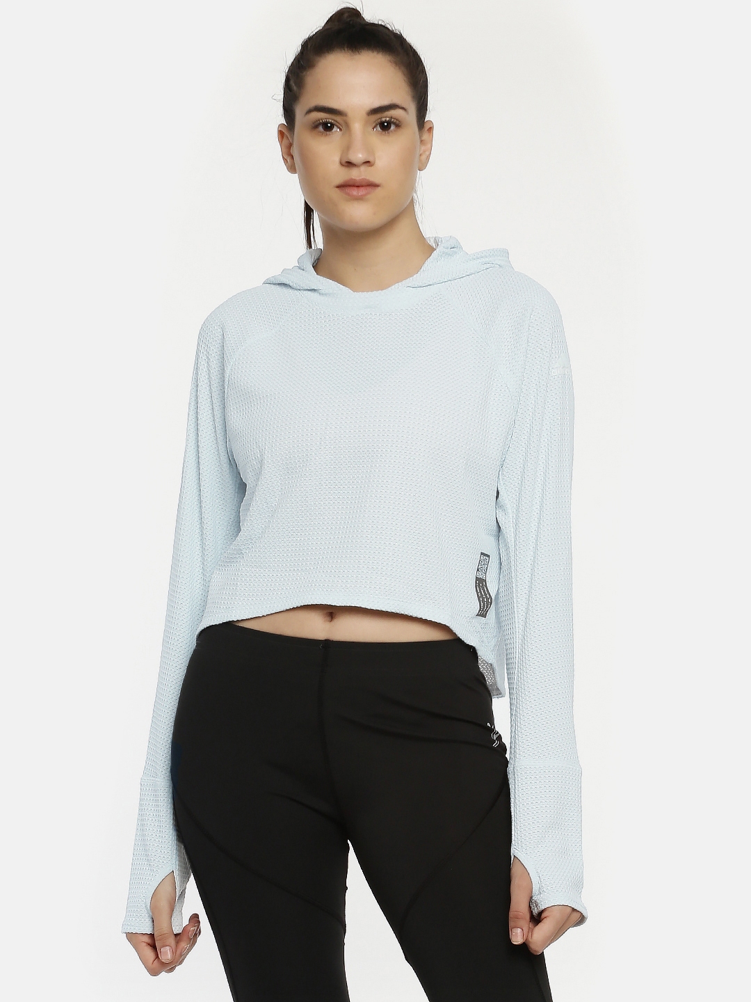 ADIDAS Women Blue Self Design Hooded Sweatshirt