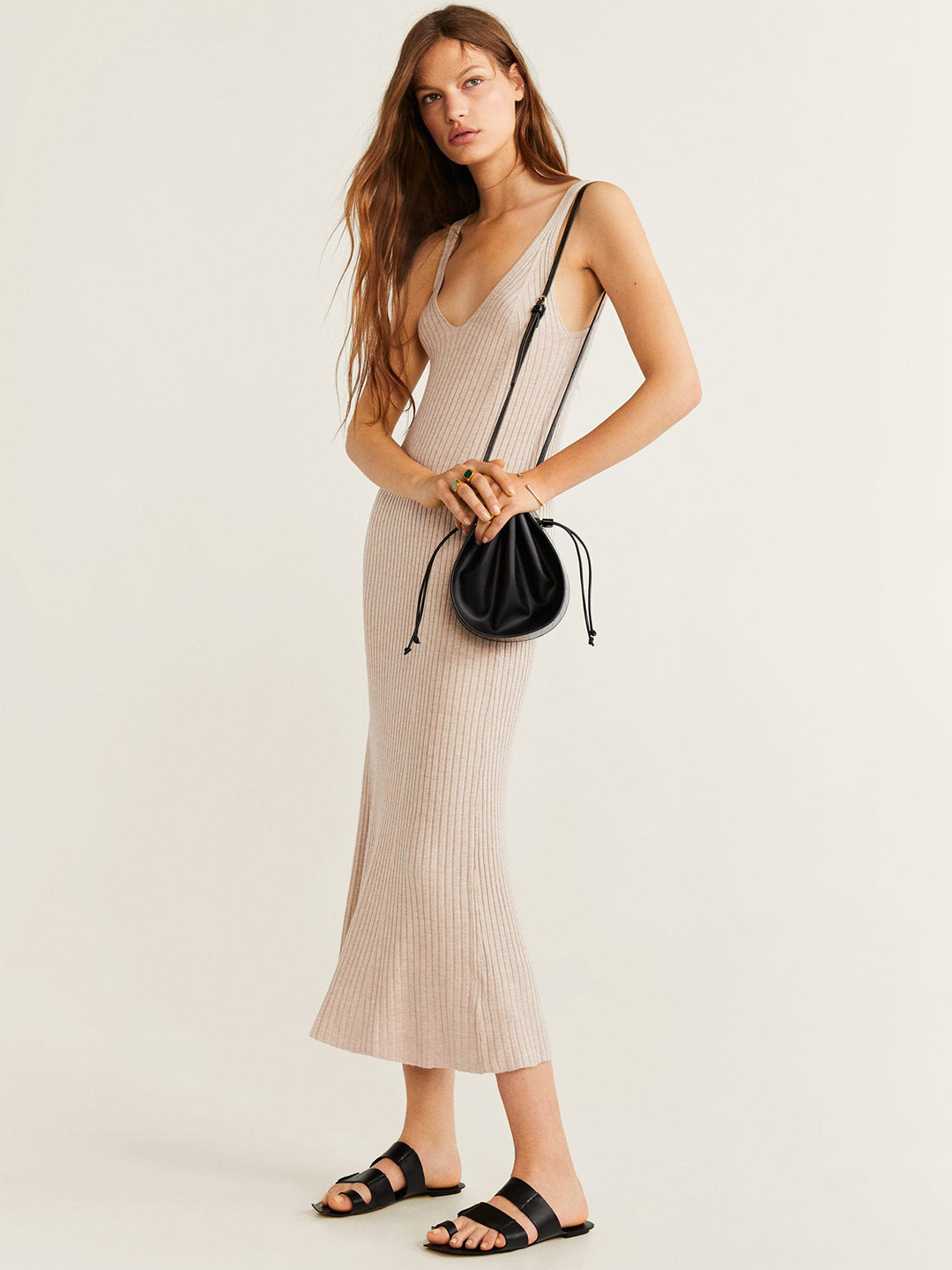 MANGO Women Beige Ribbed Maxi A-Line Dress