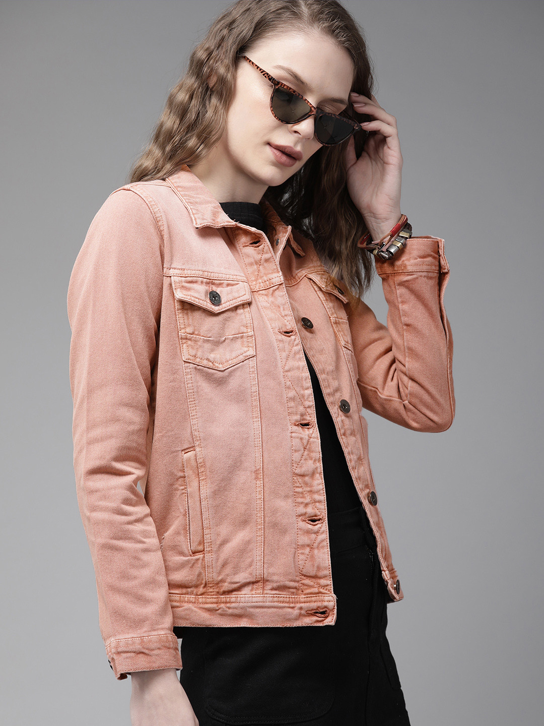 The Roadster Lifestyle Co Women Peach-Coloured Solid Trucker Denim Jacket