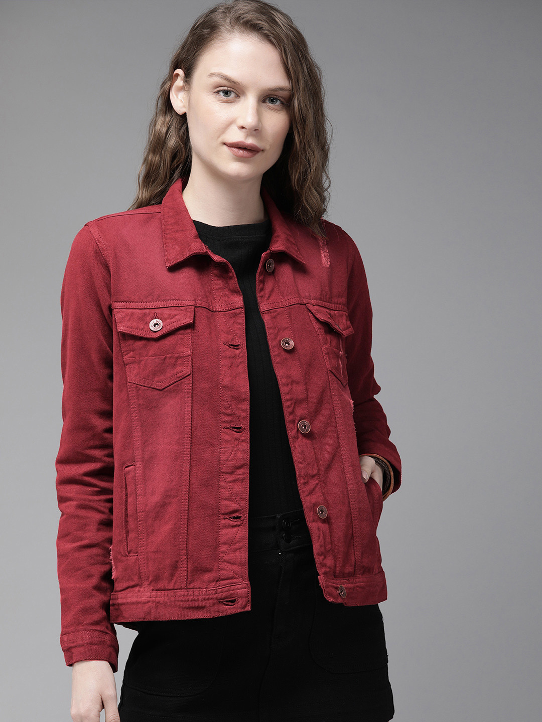 The Roadster Lifestyle Co Women Burgundy Solid Trucker  Denim Jacket