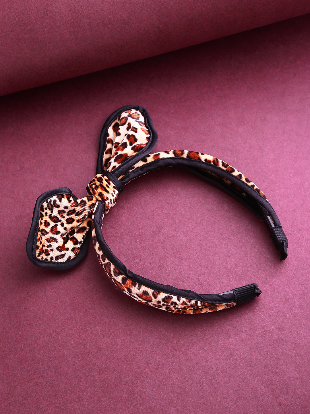 PRITA BY PRIYAASI Beige & Brown Leopard Print Bow Detail Hairband with Velvet Finish