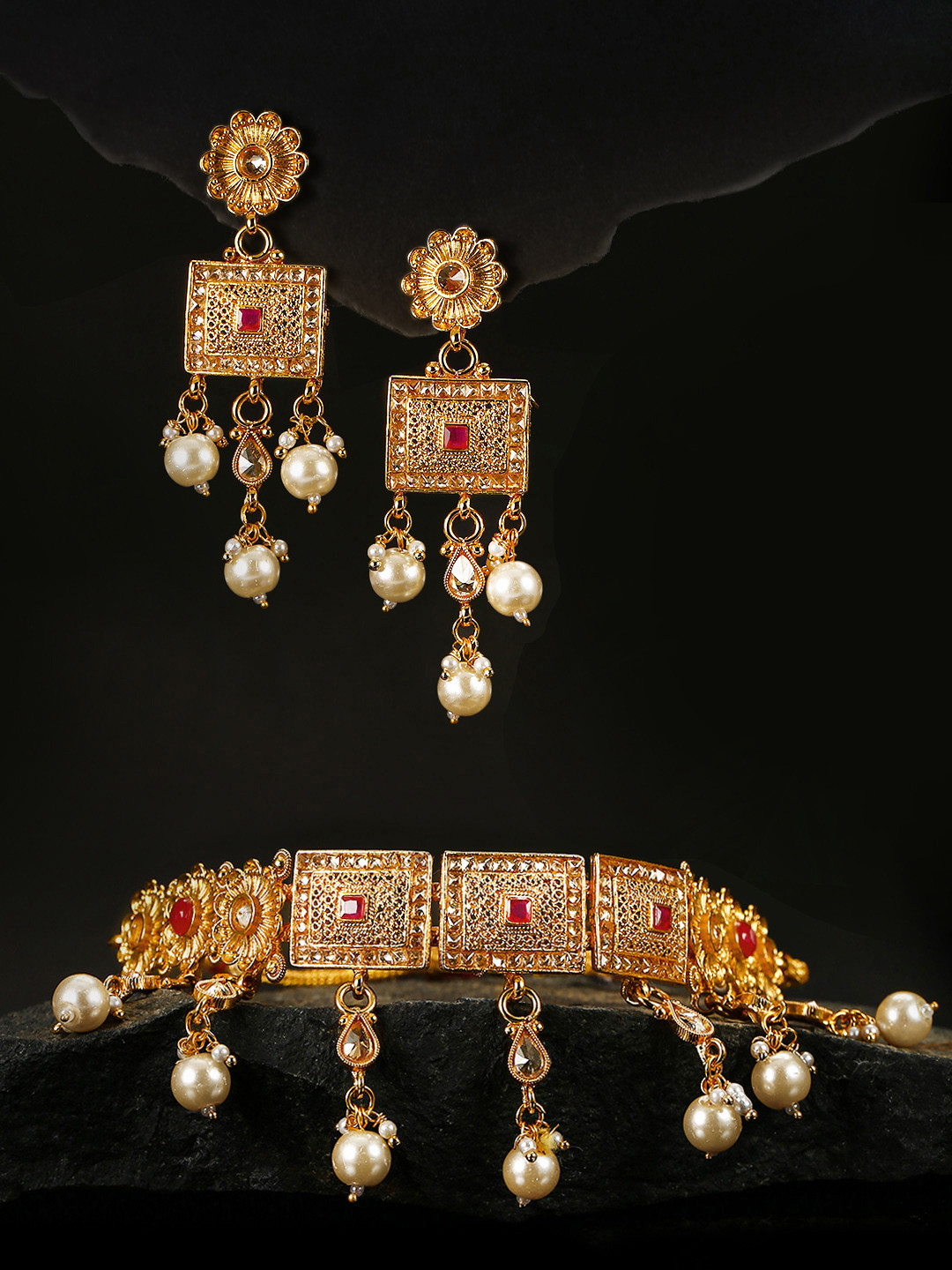 Priyaasi Magenta Gold-Plated Stone-Studded Handcrafted Jewellery Set