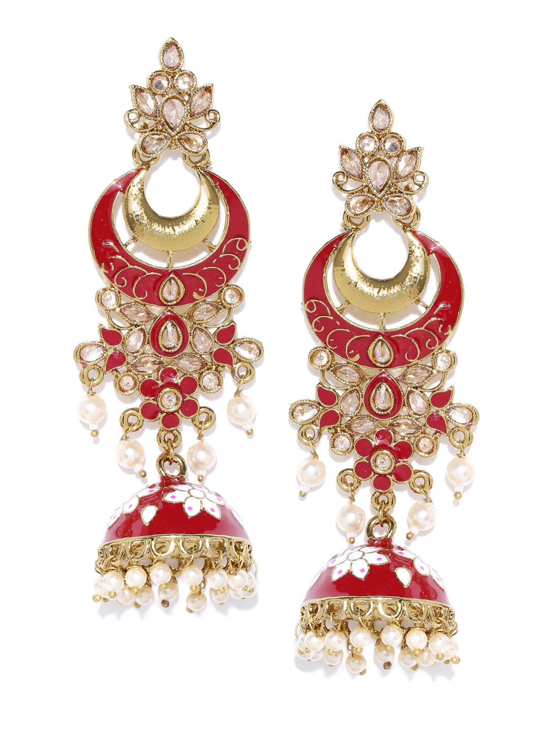 Priyaasi Maroon Gold-Plated Kundan Studded Hand Painted Dome Shaped Jhumkas