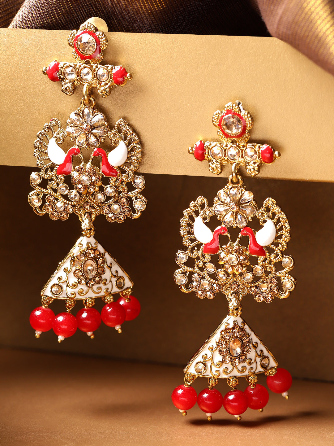 Priyaasi Red Antique Gold-Plated Kundan-Studded Handcrafted Peacock Shaped Drop Earrings
