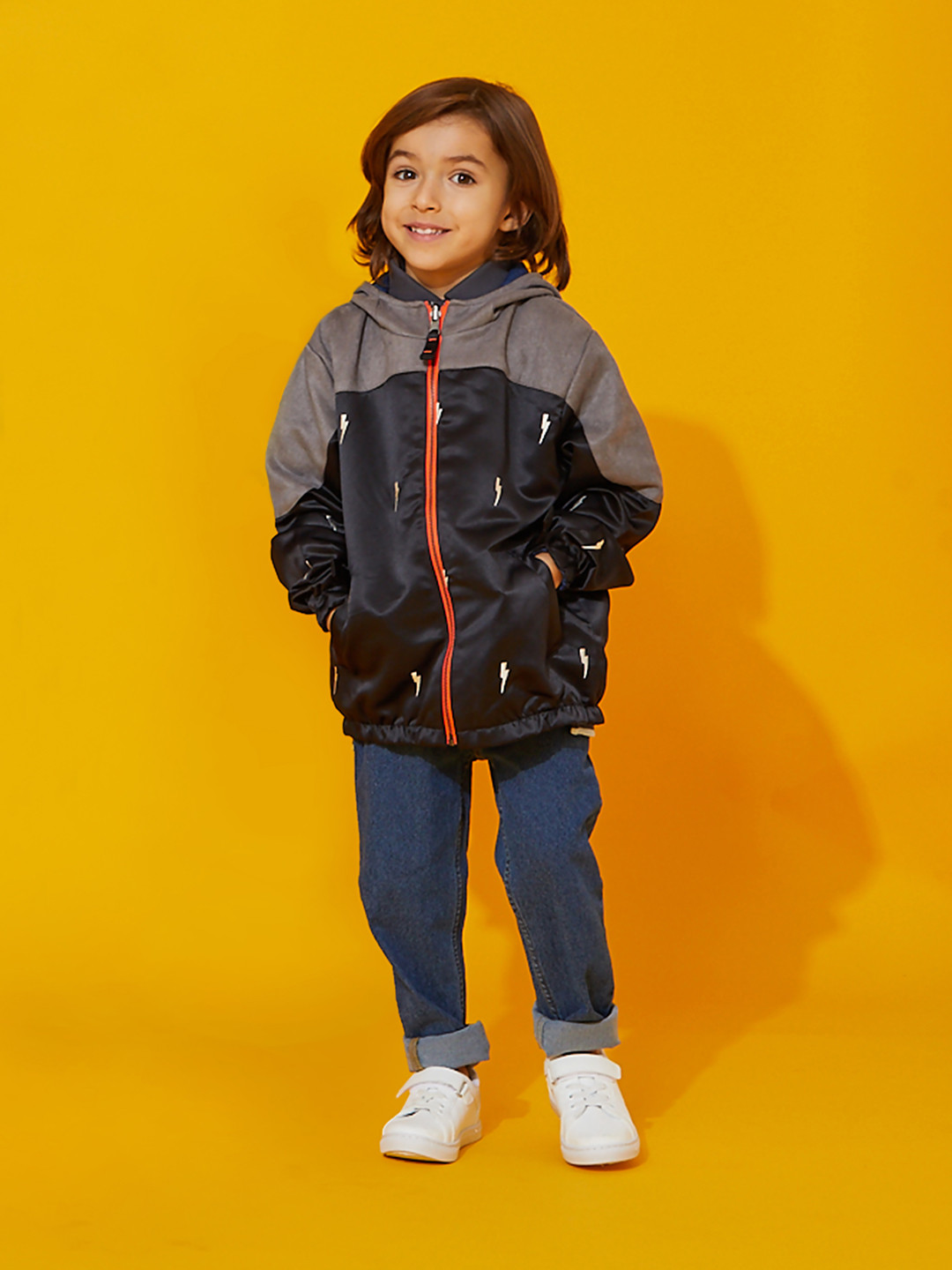 Cherry Crumble Kids Black & Navy Blue Printed Reversible Hooded Tailored Jacket