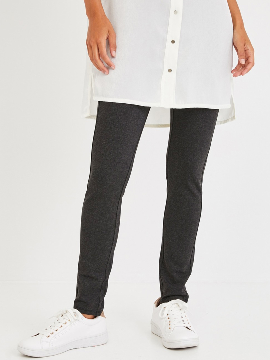 promod Women Charcoal Grey Solid Treggings