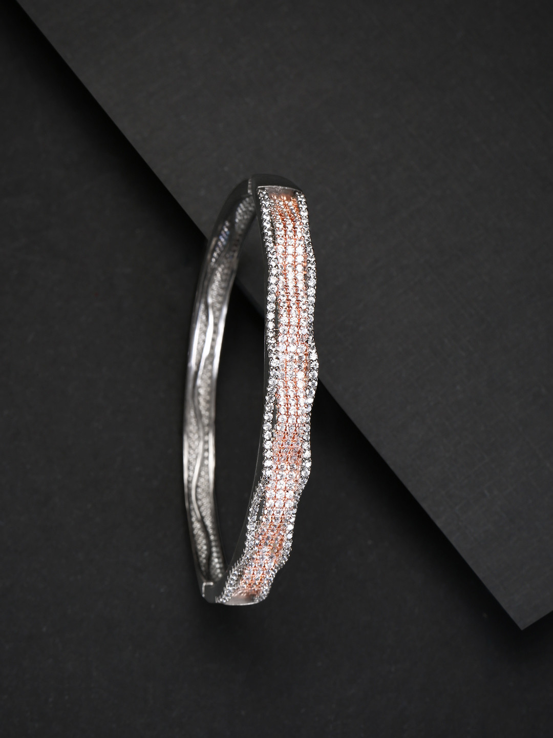 PRITA BY PRIYAASI Gunmetal-Toned & Rose Gold-Toned Silver-Plated AD-Studded Bangle Style Bracelet