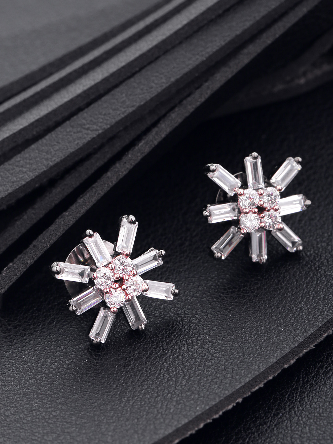 Priyaasi Rose Gold-Toned Gunmetal Plated Handcrafted CZ Studded Floral Studs
