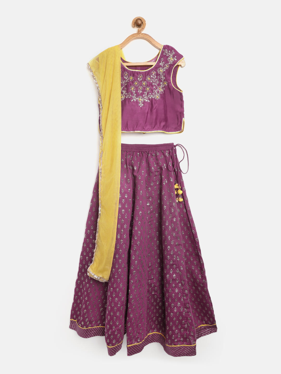 Biba Girls Purple & Golden Embroidered Ready to Wear Lehenga & Blouse with Dupatta