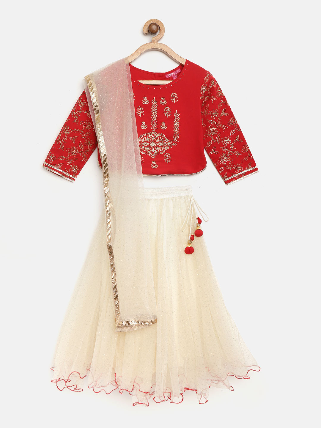 Biba Girls Off-White & Red Printed Ready to Wear Pattu Pavadai with Dupatta