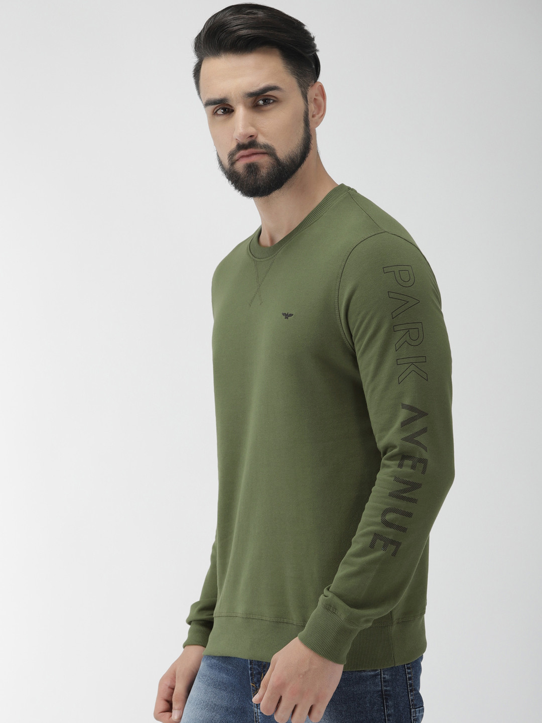 Park Avenue Men Olive Green Solid Slim Fit Pullover Sweatshirt