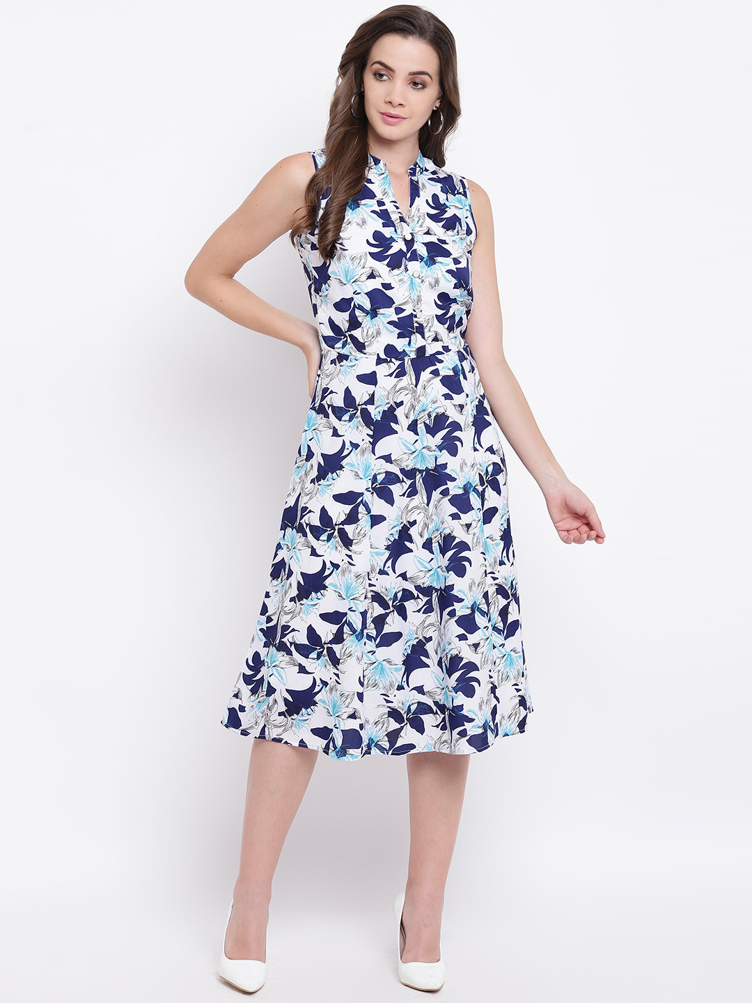 Deewa Women White & Blue Floral Print A-Line Dress
