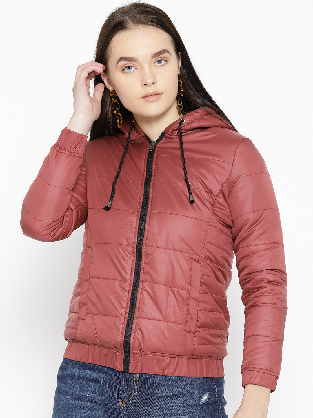 Deewa Women Rust Red Solid Hooded Padded Jacket