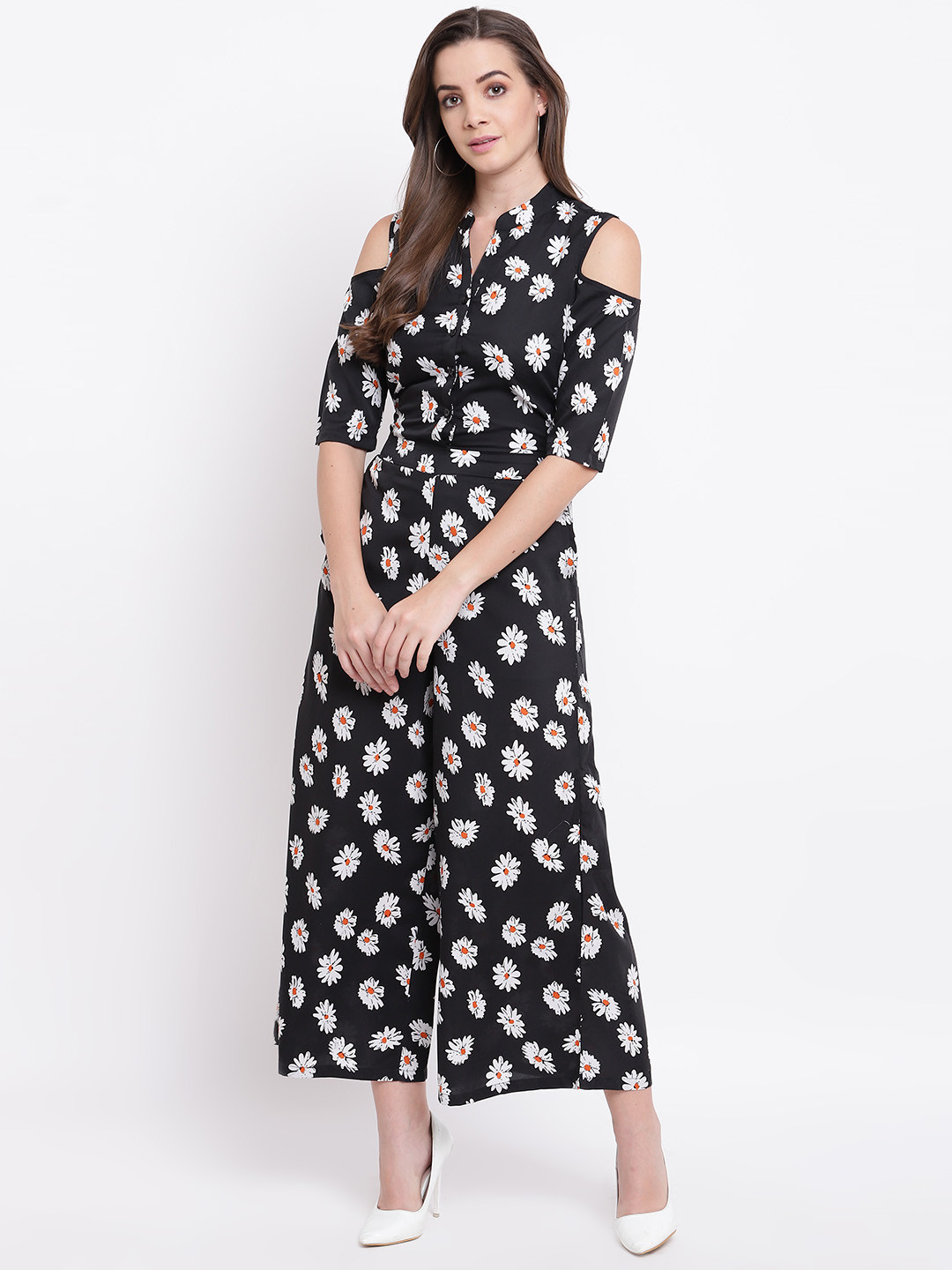 Deewa Women Black & White Printed Cold-Shoulder Basic Jumpsuit