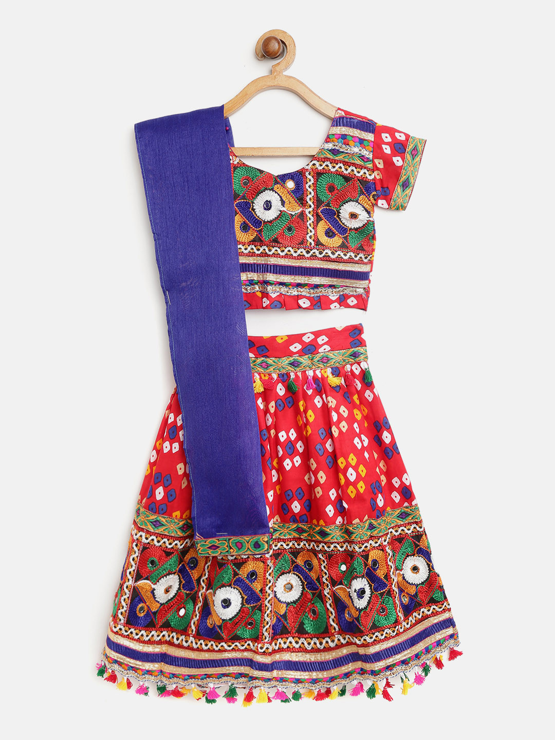 BownBee Girls Red & Blue Embroidered Ready to Wear Lehenga & Blouse with Dupatta