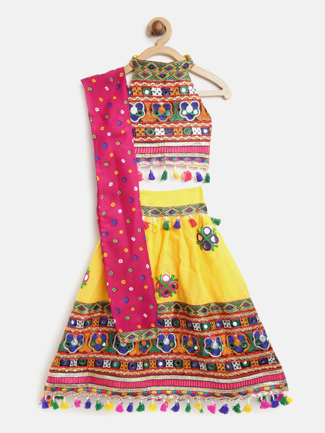 BownBee Girls Yellow & Green Embroidered Ready to Wear Lehenga & Blouse with Dupatta