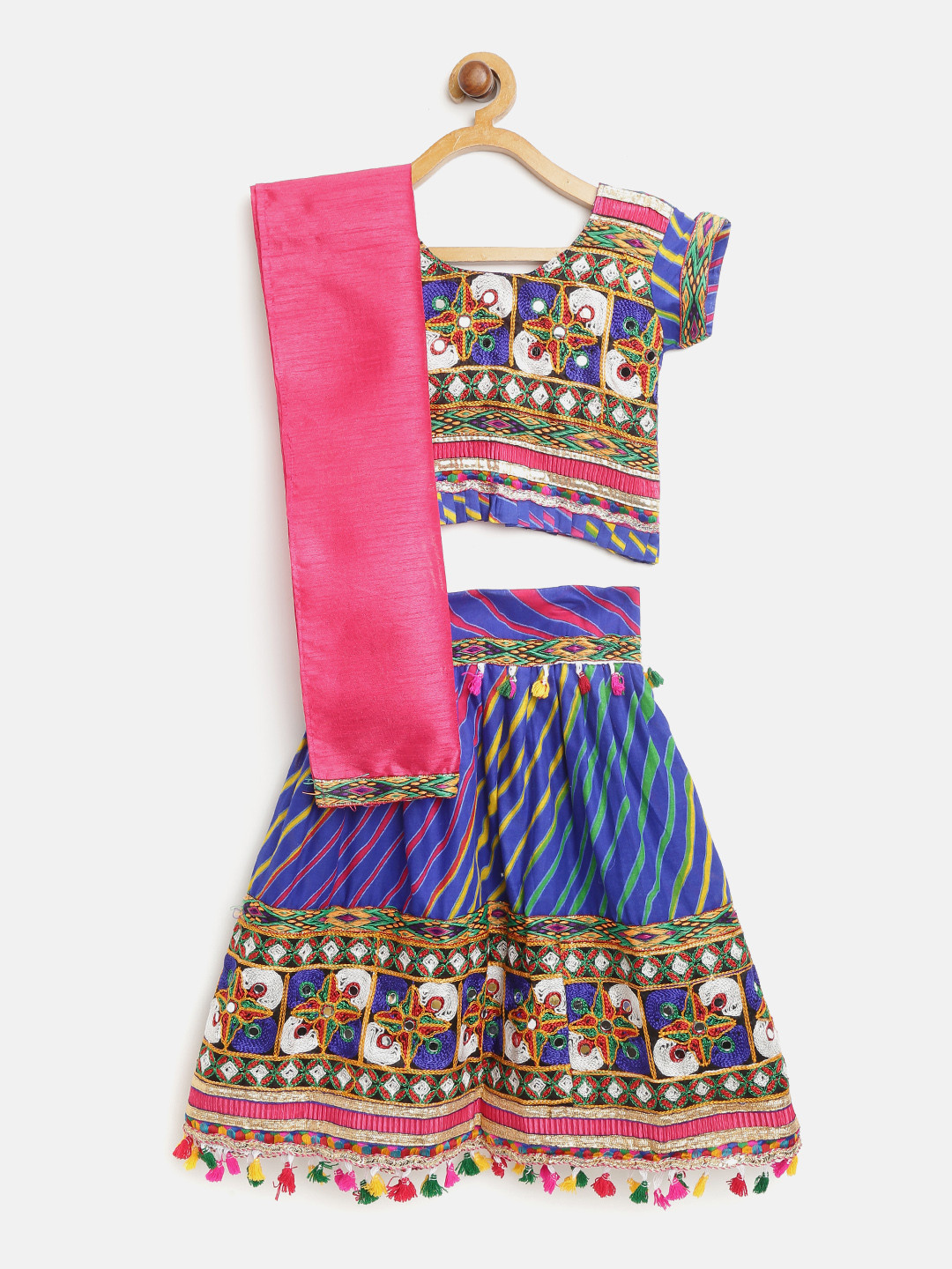 BownBee Girls Blue & Pink Embroidered Ready to Wear Lehenga & Blouse with Dupatta