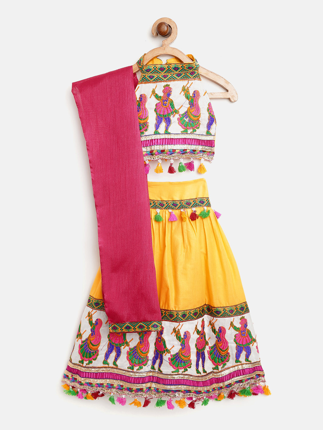 BownBee Girls Yellow & White Embroidered Ready to Wear Lehenga & Blouse with Dupatta