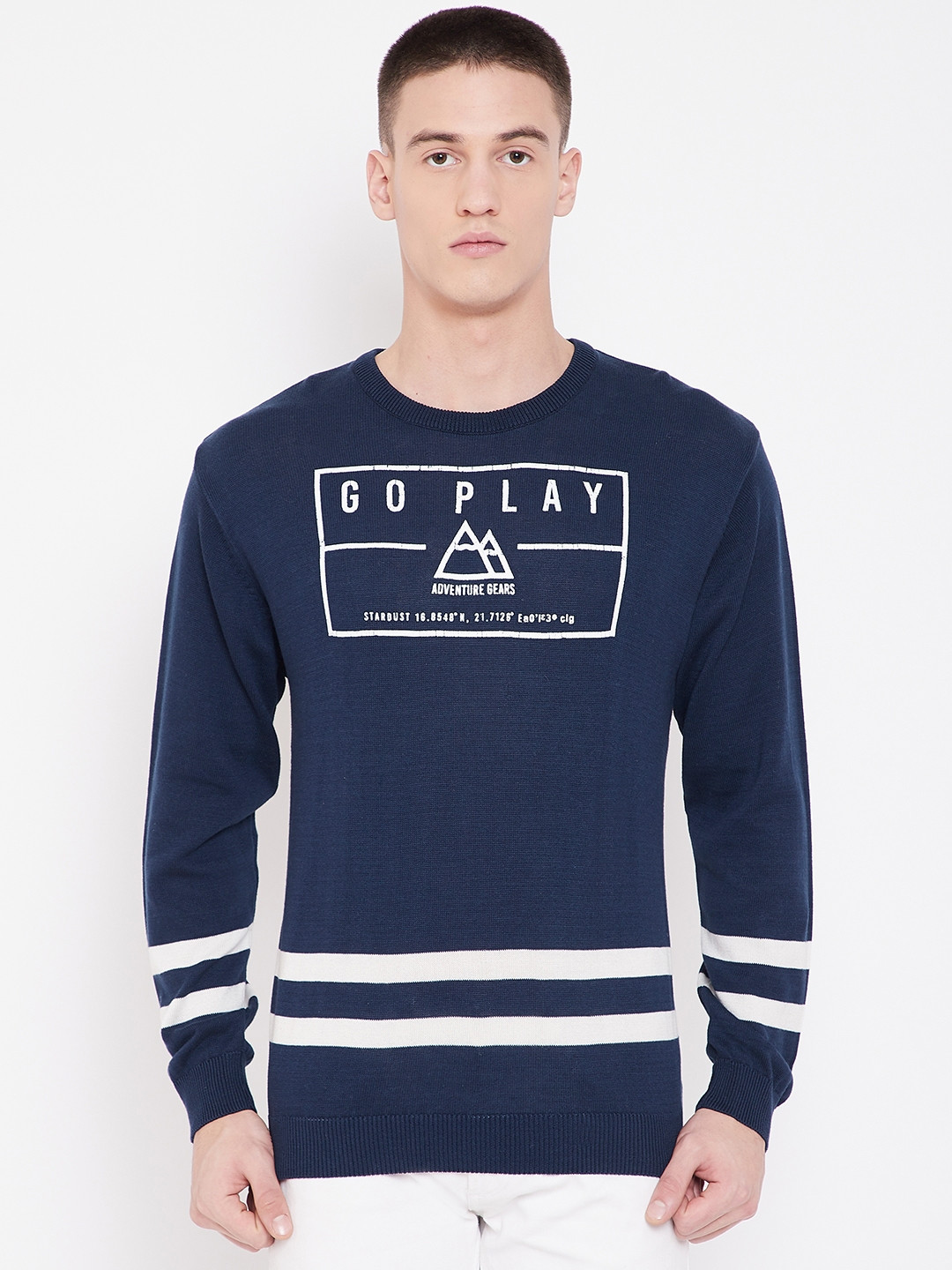 Duke Stardust Men Navy Blue & White Printed Acrylic Sweater