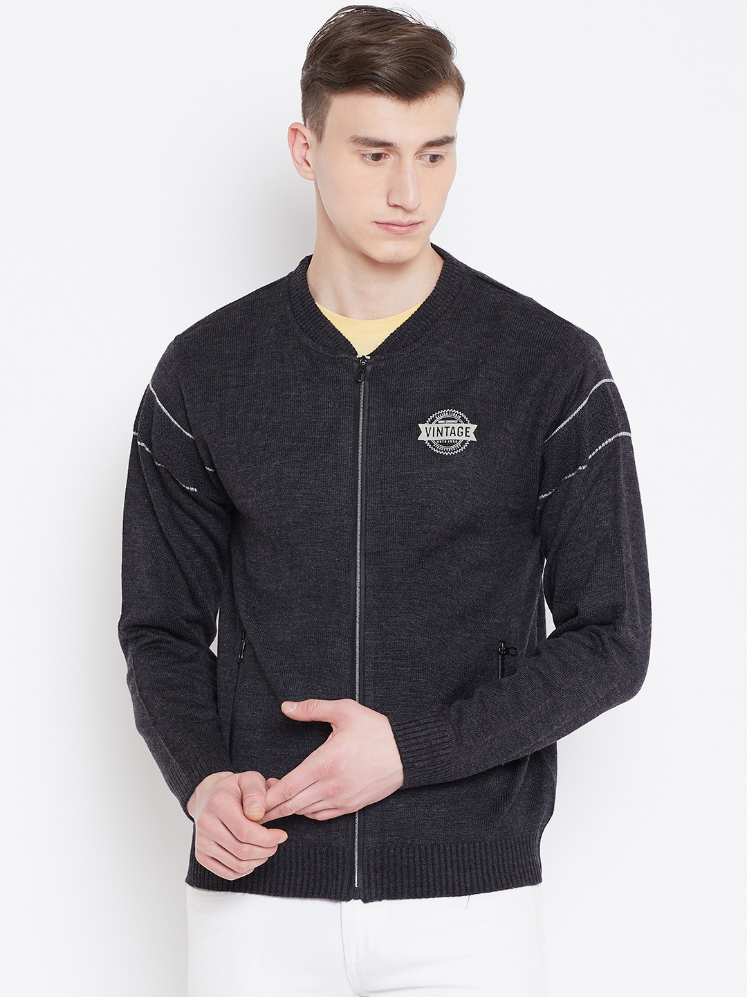 Duke Men Charcoal Grey Solid Cardigan