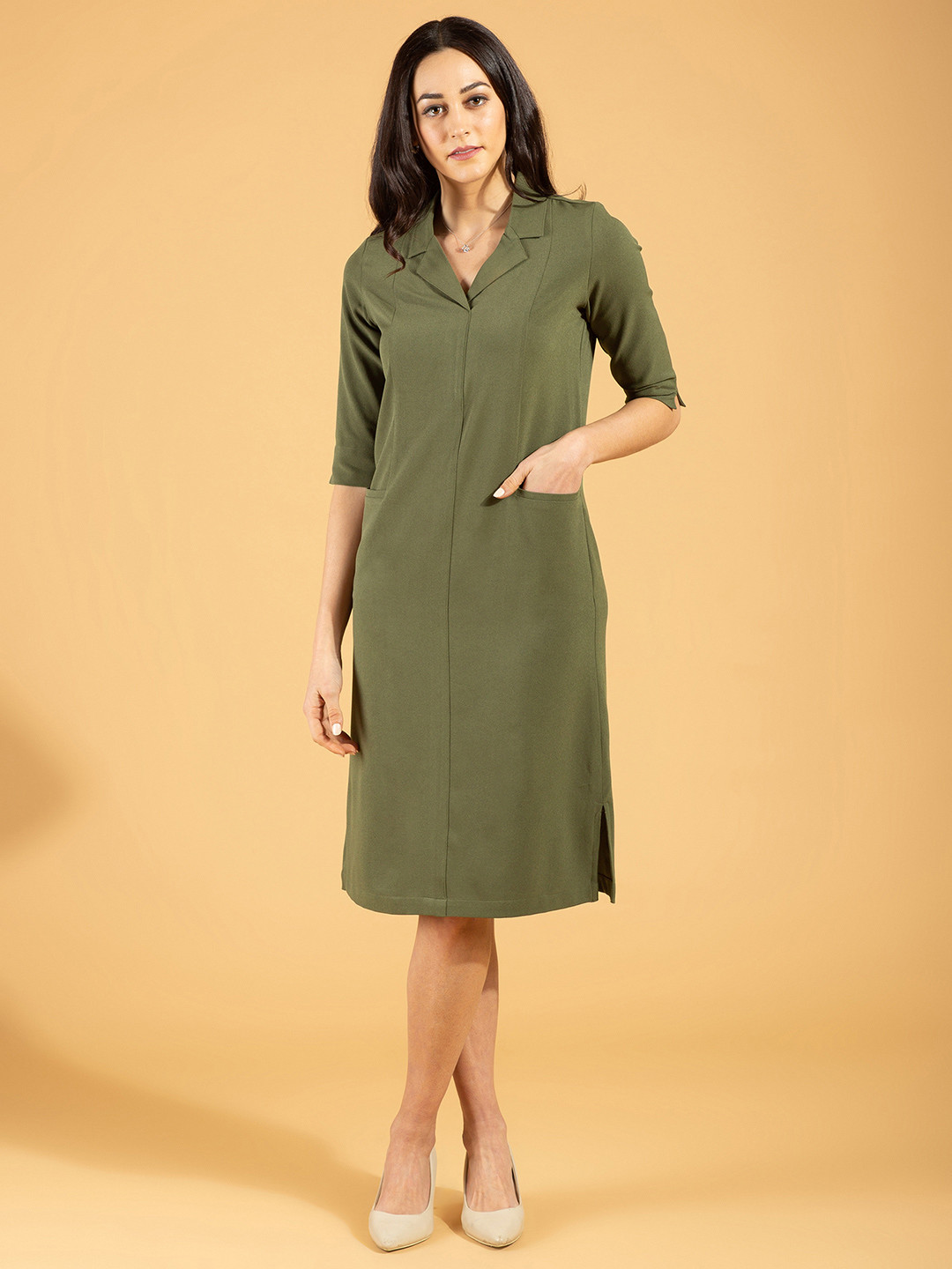 FableStreet Women Solid Olive Green A-Line Dress