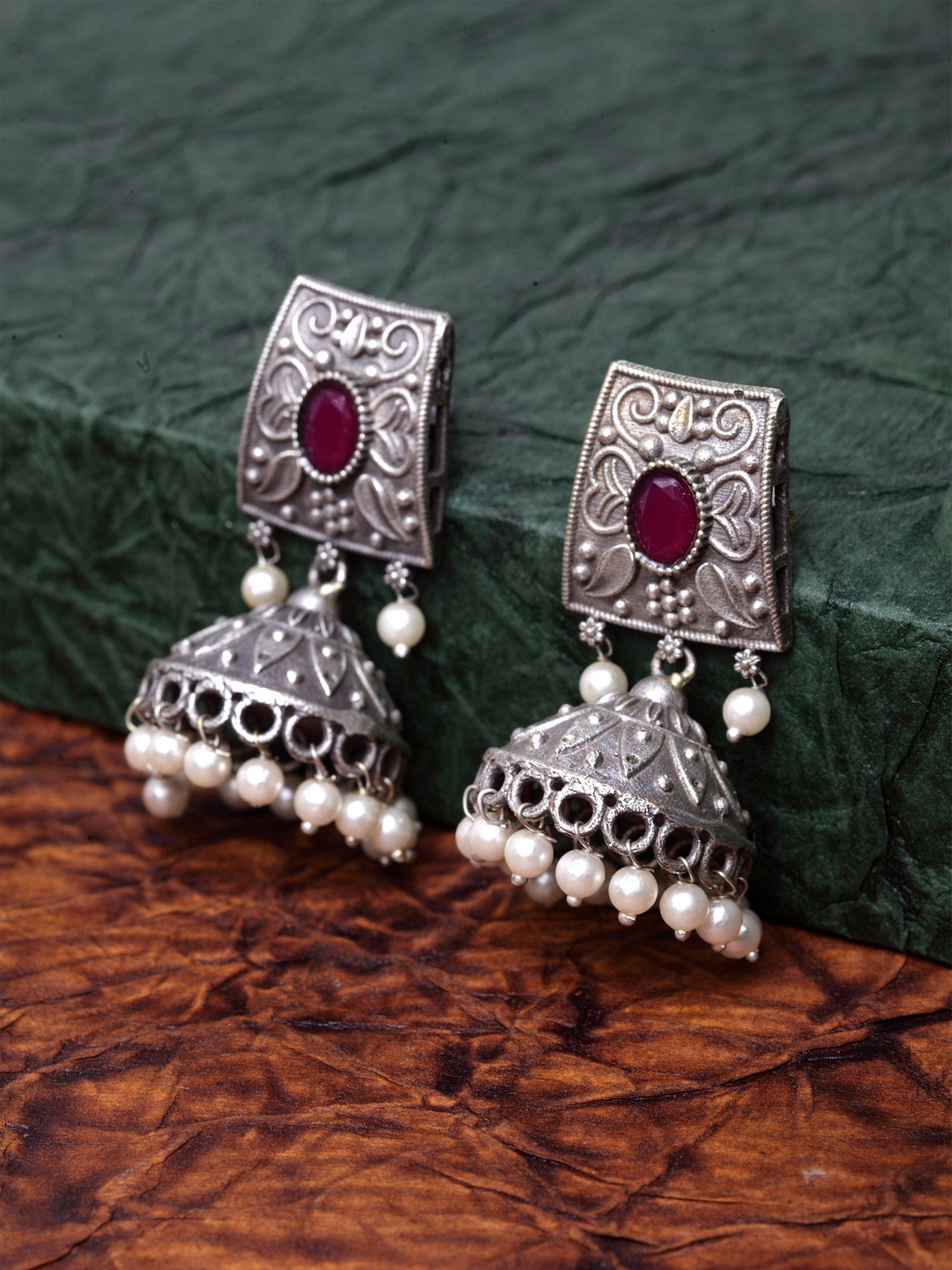 PANASH Silver-Plated Oxidized & Pink Dome Shaped Jhumkas