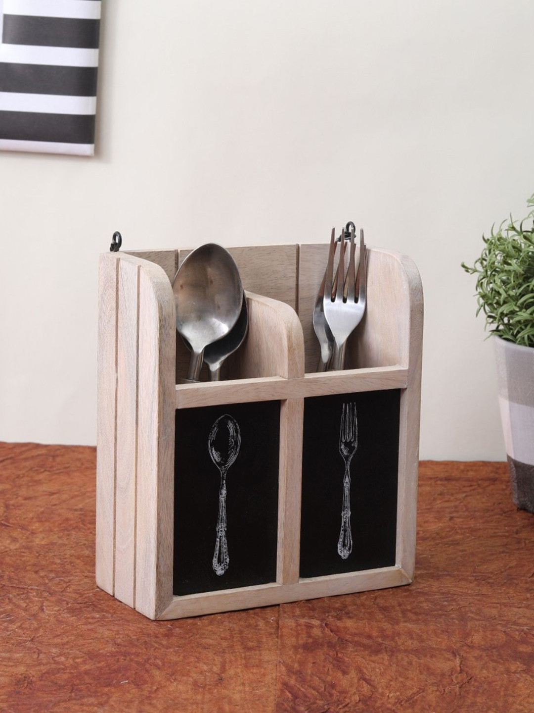 VarEesha Beige Solid Wooden Cutlery Stand With Wall Mounting
