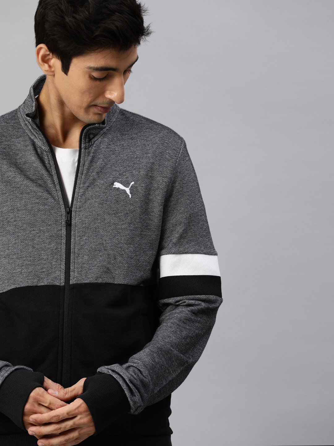 Puma Men Black & Grey Colourblocked Stylized Sweat Sporty Track Jacket
