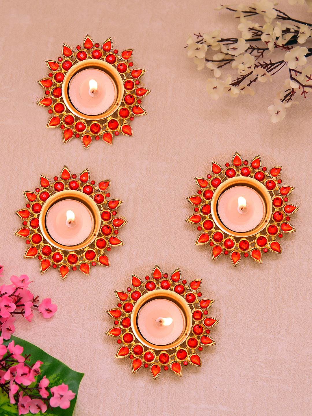 Homesake Set of 4 Red & Gold-Toned Crystal Candle Holders With T-Light