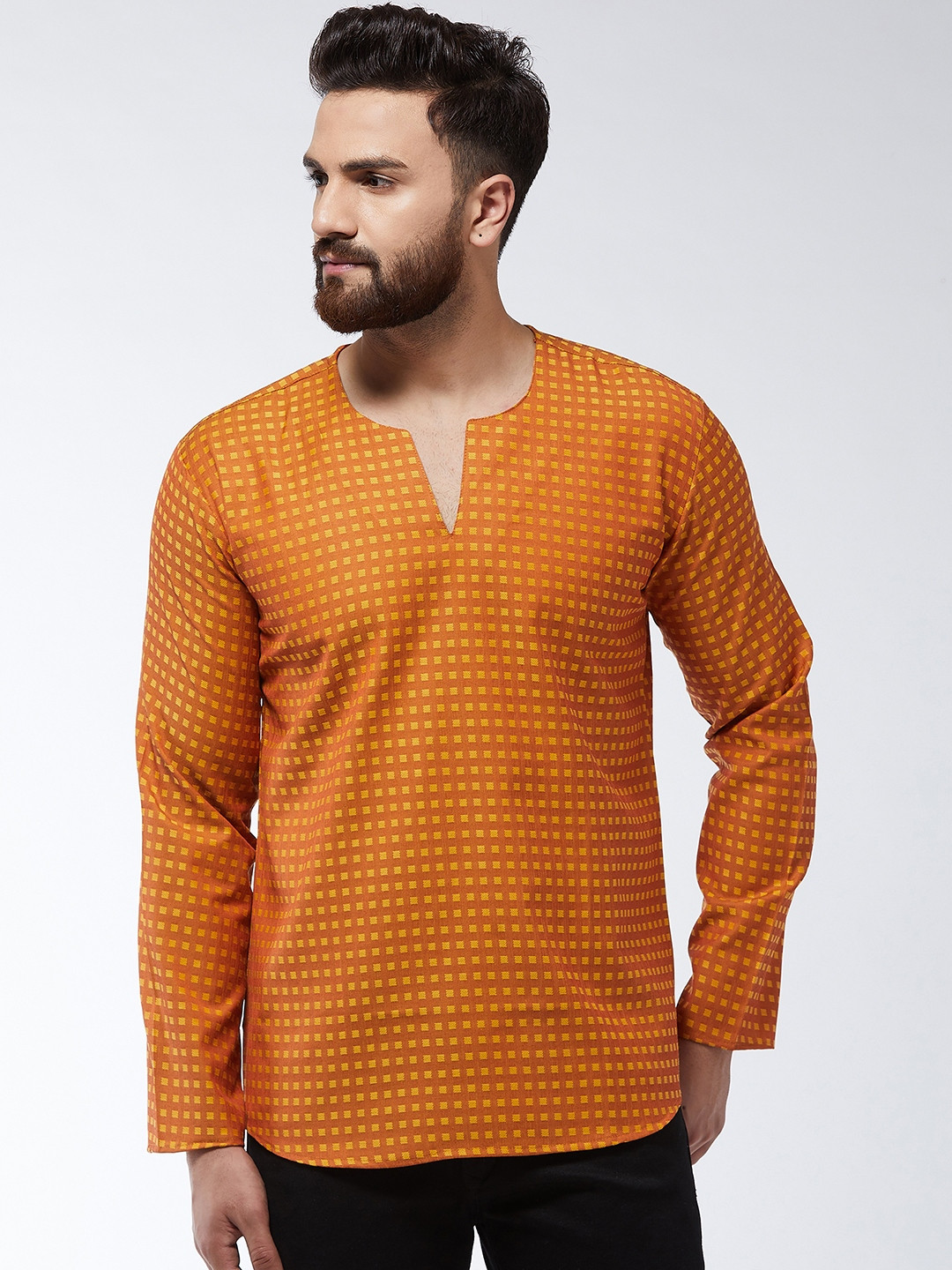 SOJANYA Men Copper-Toned & Mustard Yellow Checked Straight Short Kurta