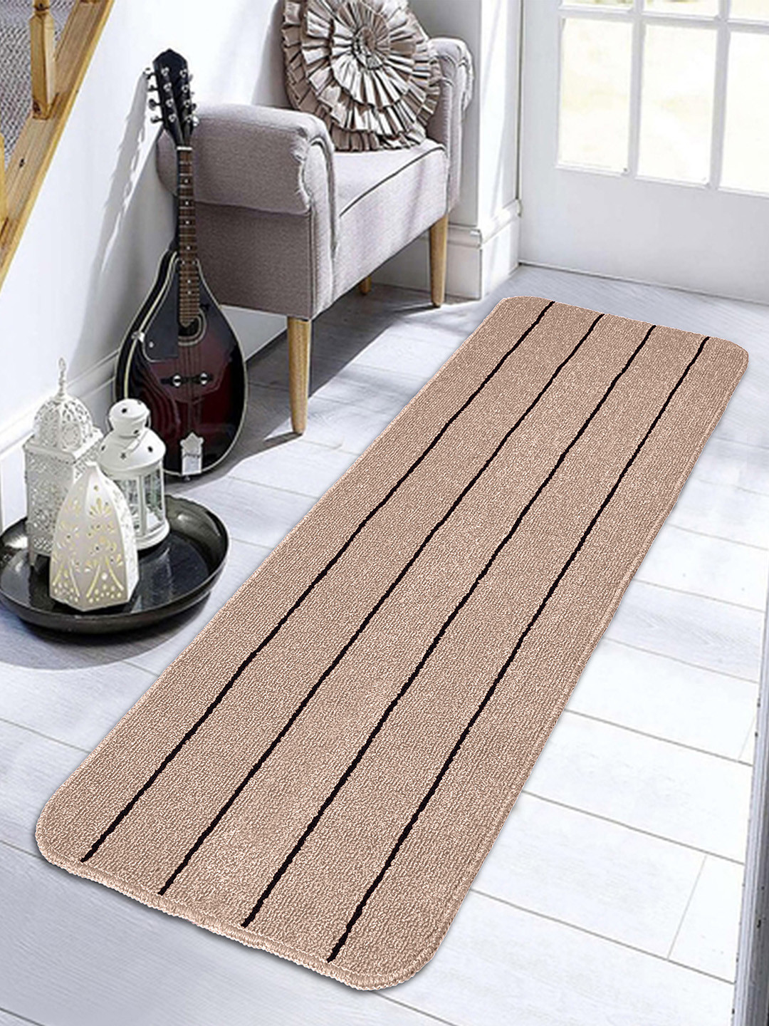 Saral Home Brown & Black Striped Anti Slip Polyester Kitchen Runner