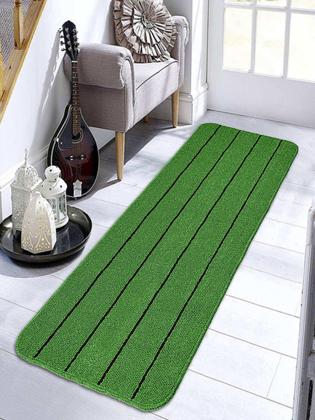 Saral Home Green & Black Striped Anti Slip Polyester Kitchen Runner