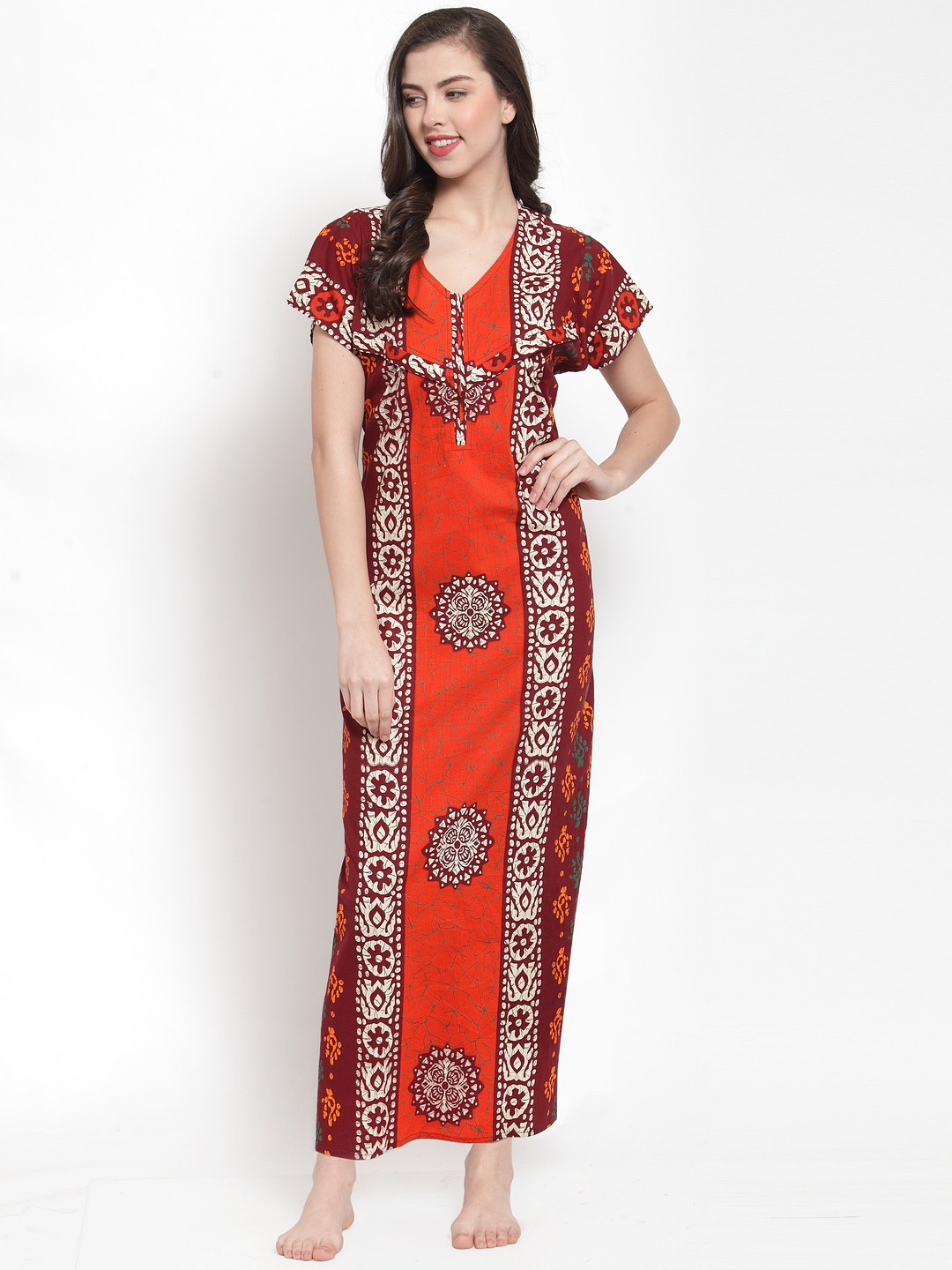 Secret Wish Maroon & Orange Printed Maternity Nightdress NT-E181-759