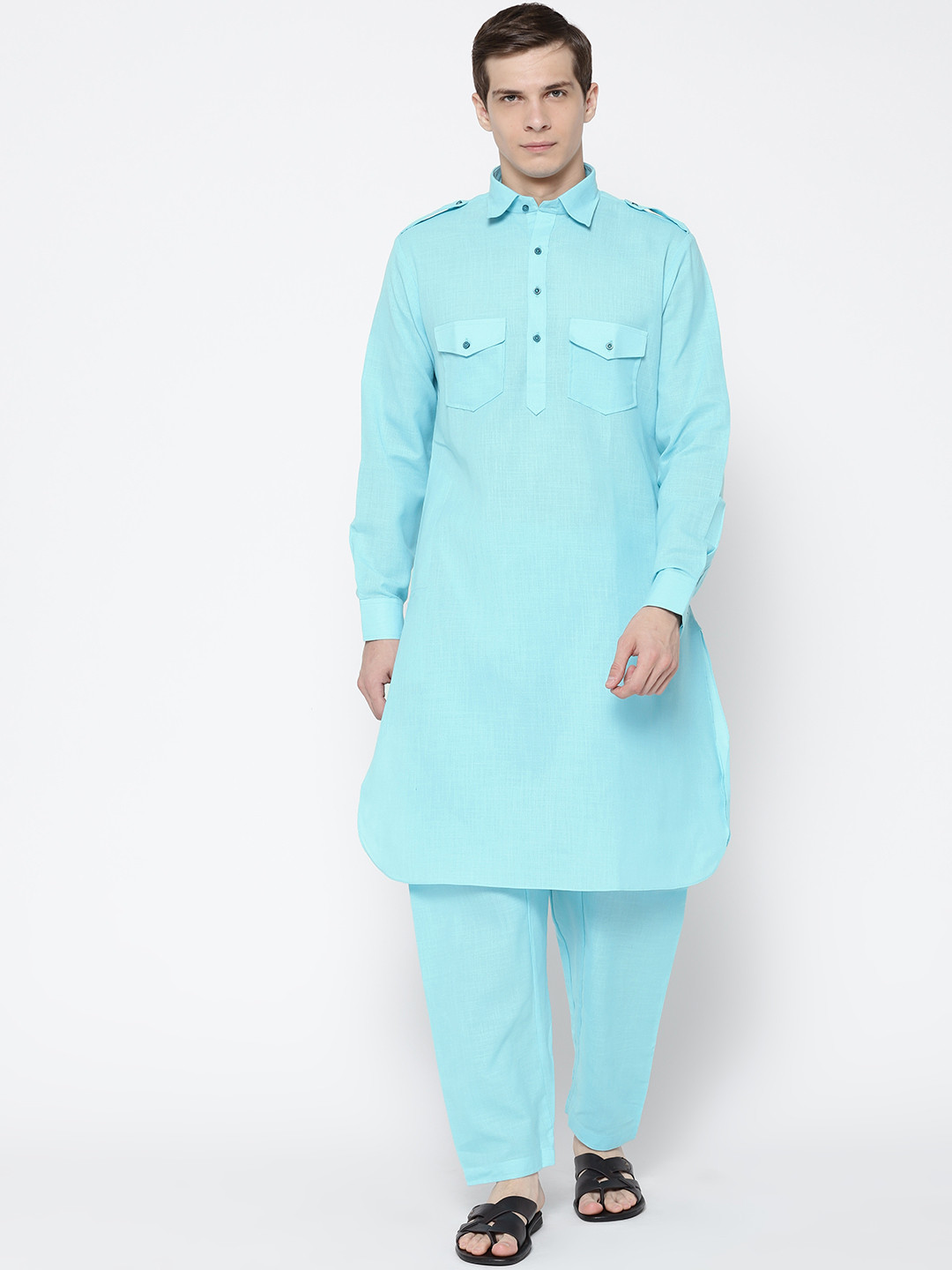 SG LEMAN Men Blue Solid Pathani Kurta with Salwar
