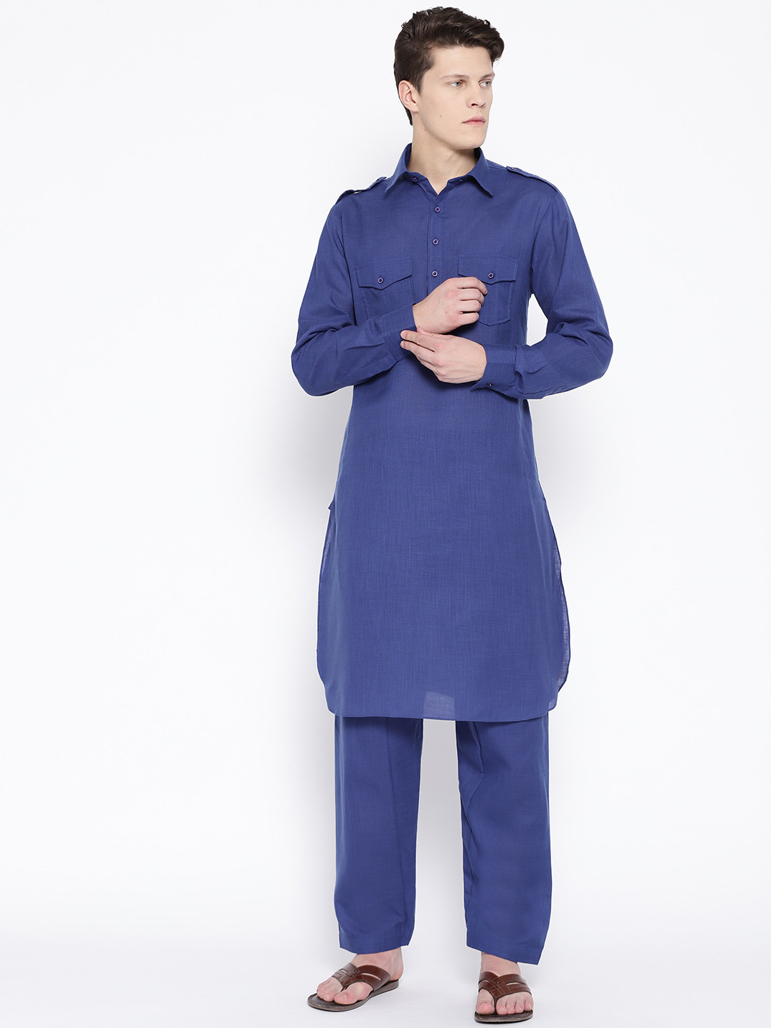 SG LEMAN Men Blue Solid Pathani Kurta with Salwar