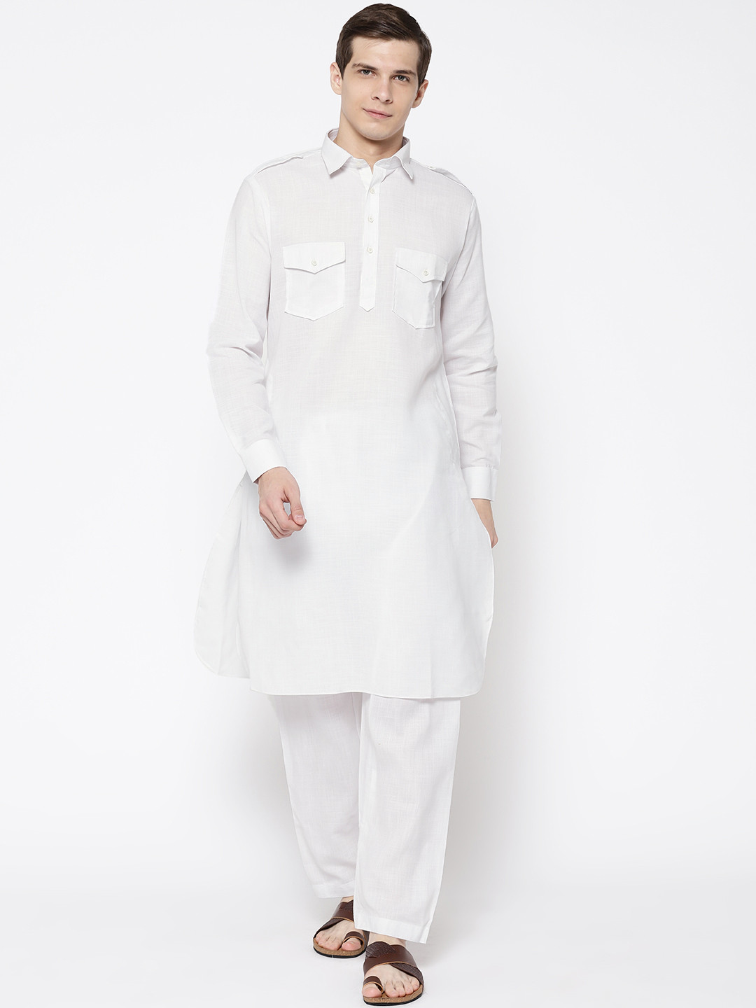 SG LEMAN Men White Solid Pathani Kurta with Salwar