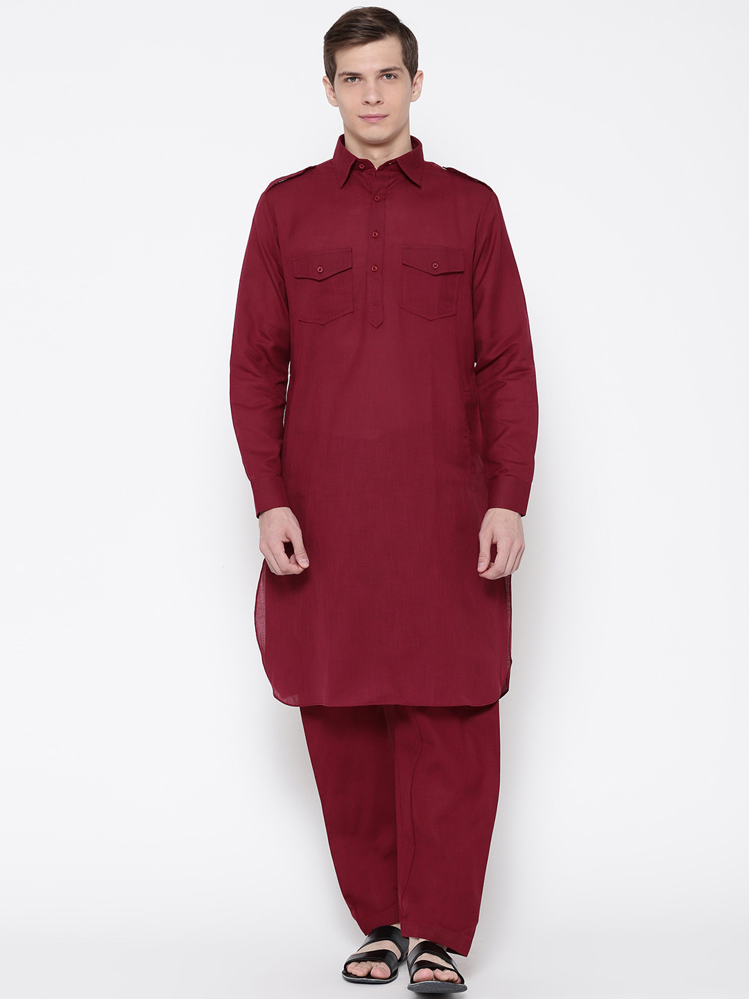 SG LEMAN Men Maroon Solid Pathani Kurta with Salwar