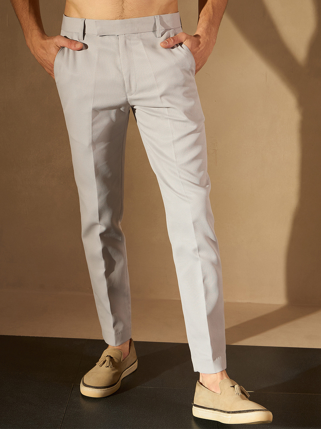 DENNISON Men Grey Smart Tapered Fit Textured Regular Trousers