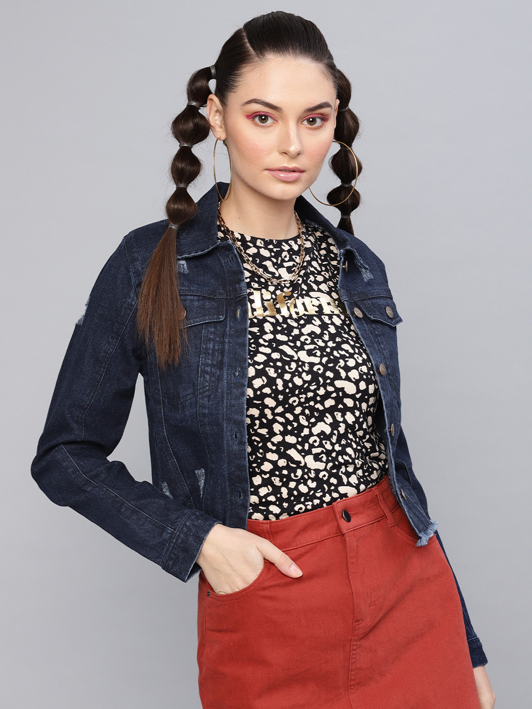 SASSAFRAS Women Navy Blue Solid Denim Jacket